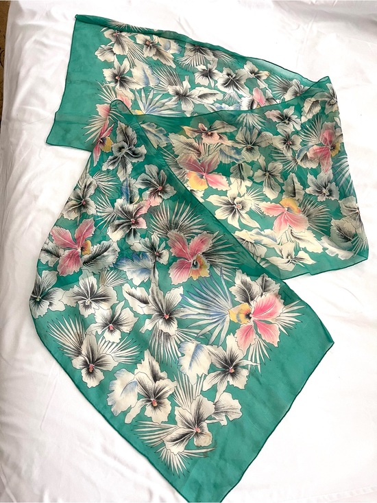 Tres-Elle Accessories - Vintage Tres-Elle Italian Floral Scarf Wrap Teal Aqua Tropical Hibiscus 70s